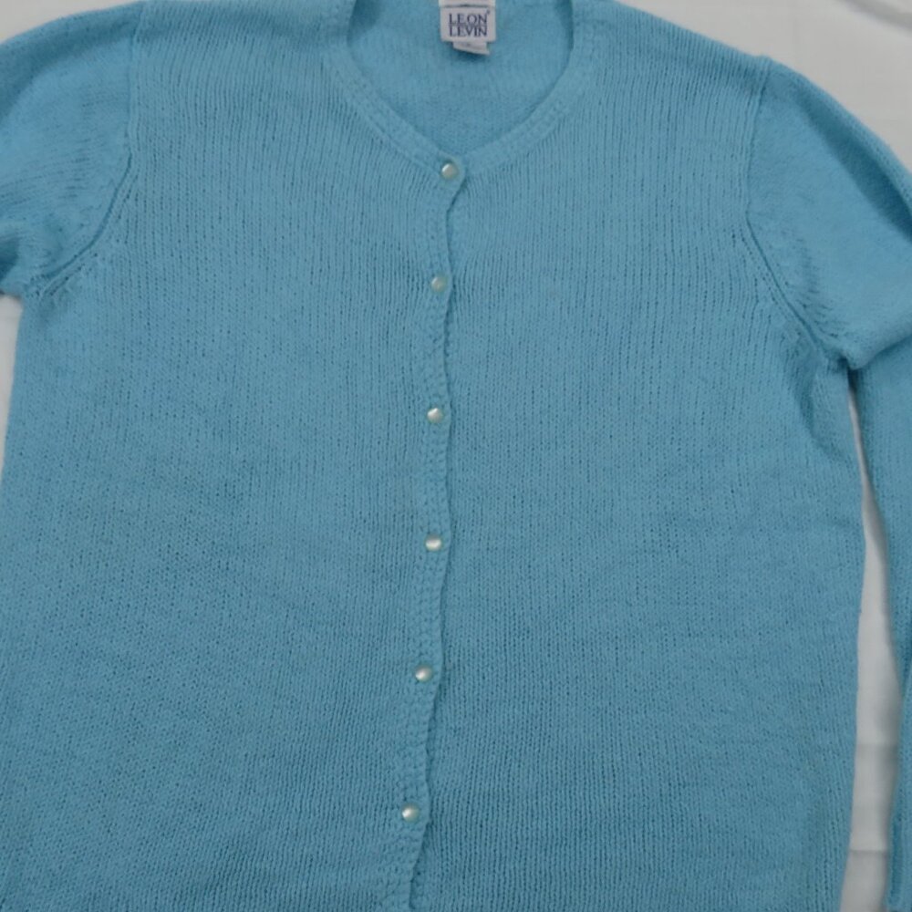 Vintage Leon Levin hand loomed cardigan Sky blue Grandpa net medium